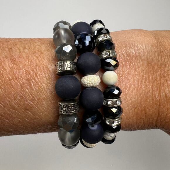 Handmade Beaded Bracelet Trio Matte Navy Crystal Silver Tone Beads - Picture 4 of 6